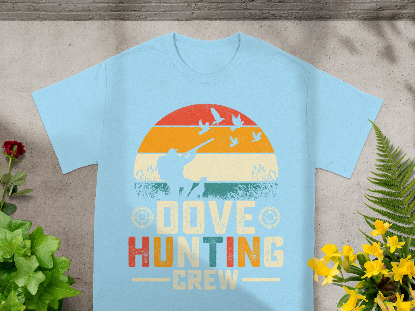 Light blue t-shirt with distressed "Dove Hunting Crew" graphic and silhouette of hunter.