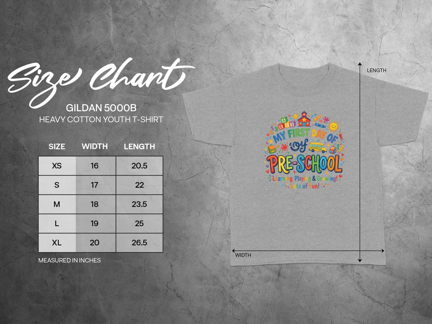 GILDAN 5000B youth t-shirt size chart with width and length measurements.