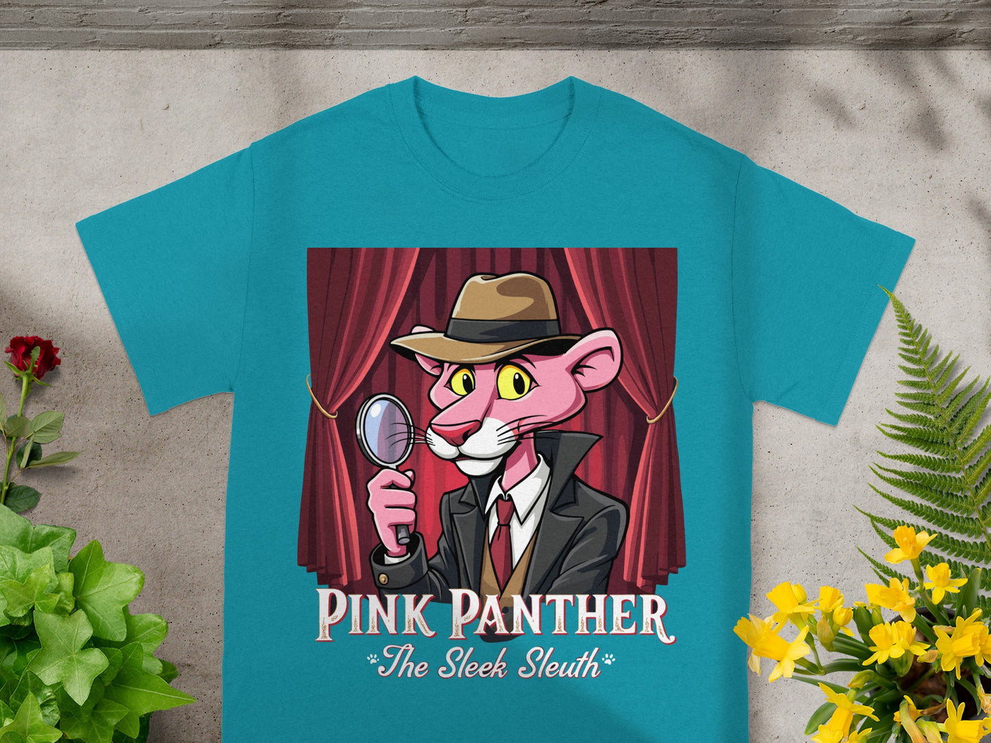 Pink Panther in a suit and hat holding a magnifying glass, with text "Pink Panther *The Sleek Sleuth*".