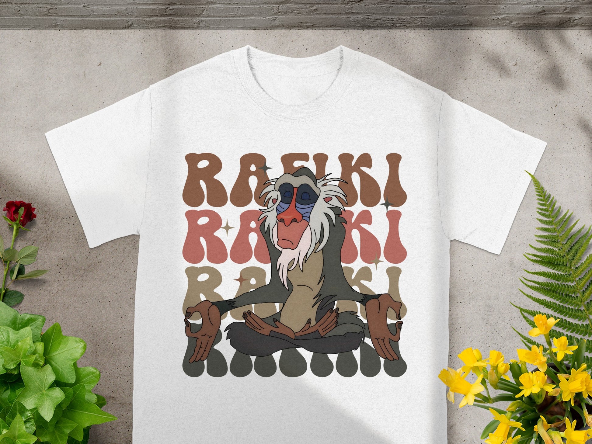 Rafiki graphic on a white t-shirt with retro font design.