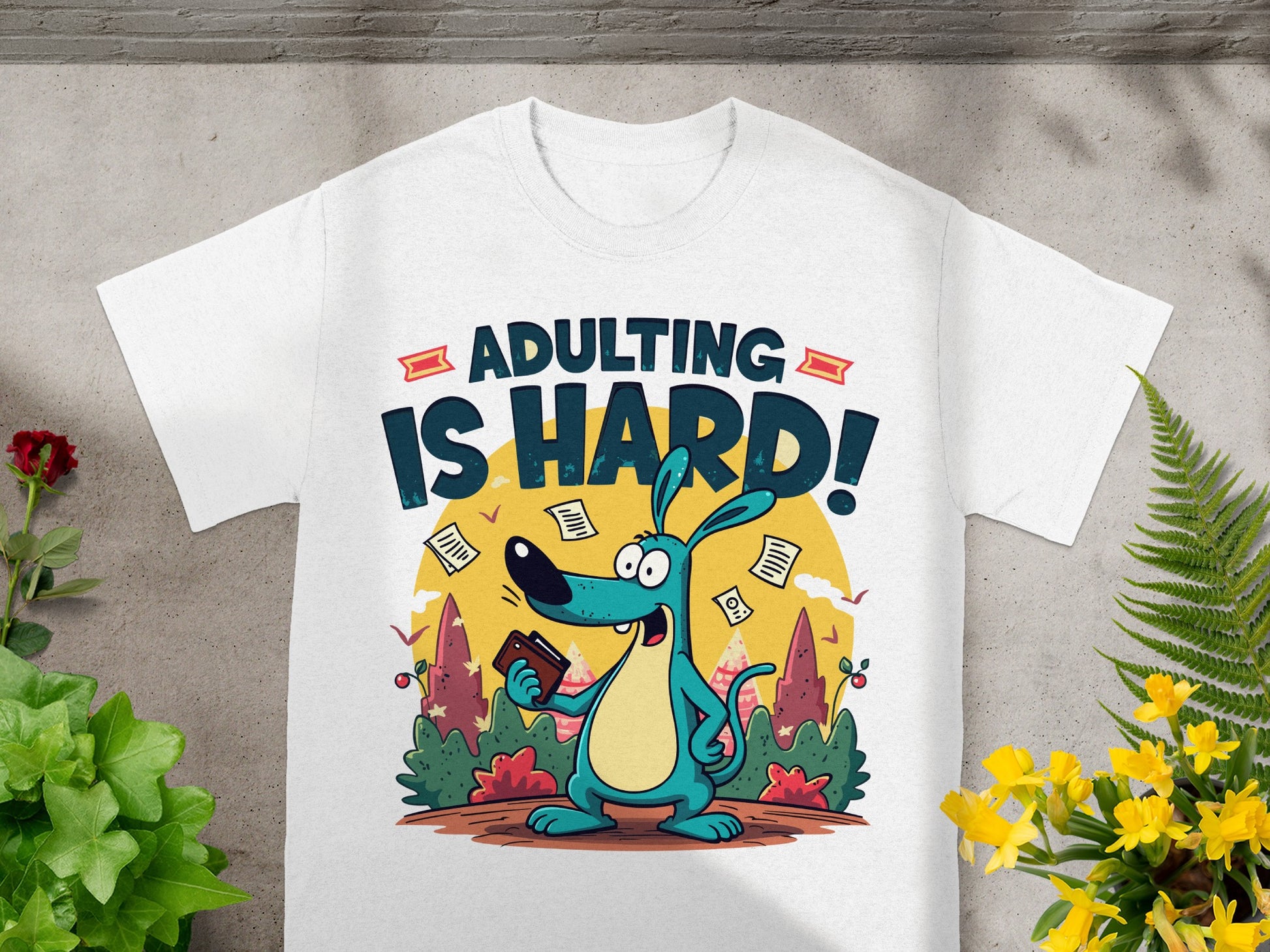 White t-shirt with cartoon dog holding wallet and text "ADULTING IS HARD!".