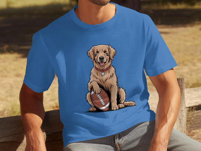 Playful Golden Retriever with Football T-shirt