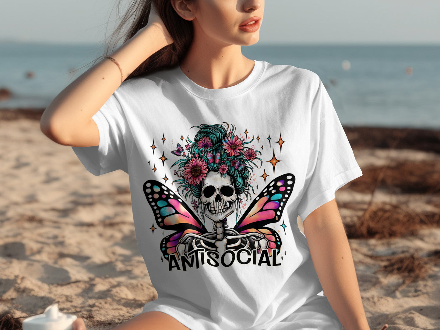 Antisocial Skeleton Butterfly Floral Graphic Tee