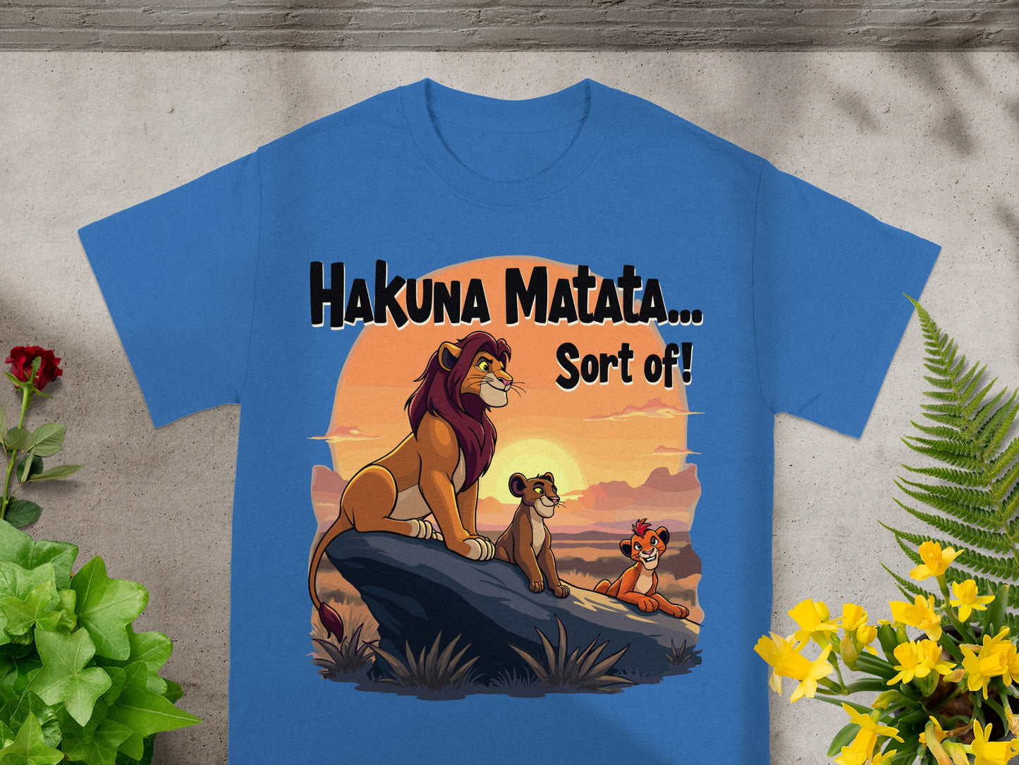 Blue t-shirt featuring The Lion King characters and "Hakuna Matata... Sort Of!" text.