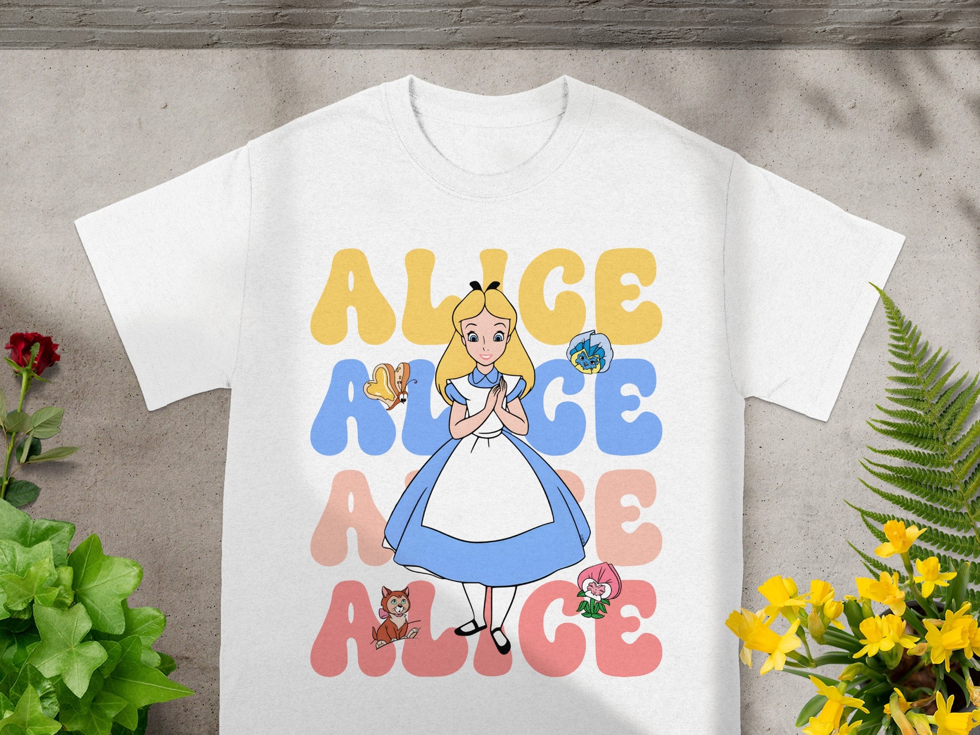 Alice in Wonderland graphic with characters and the name "Alice" in colorful letters.