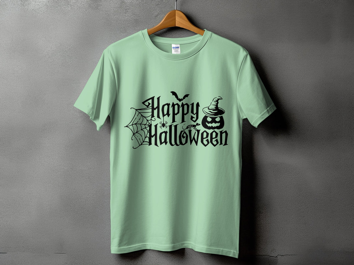 Light green t-shirt with black "Happy Halloween" text, spider, bat, and jack-o'-lantern.