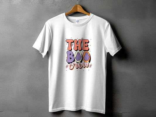 White t-shirt with "The Boo Crew" text and purple ghost graphics.
