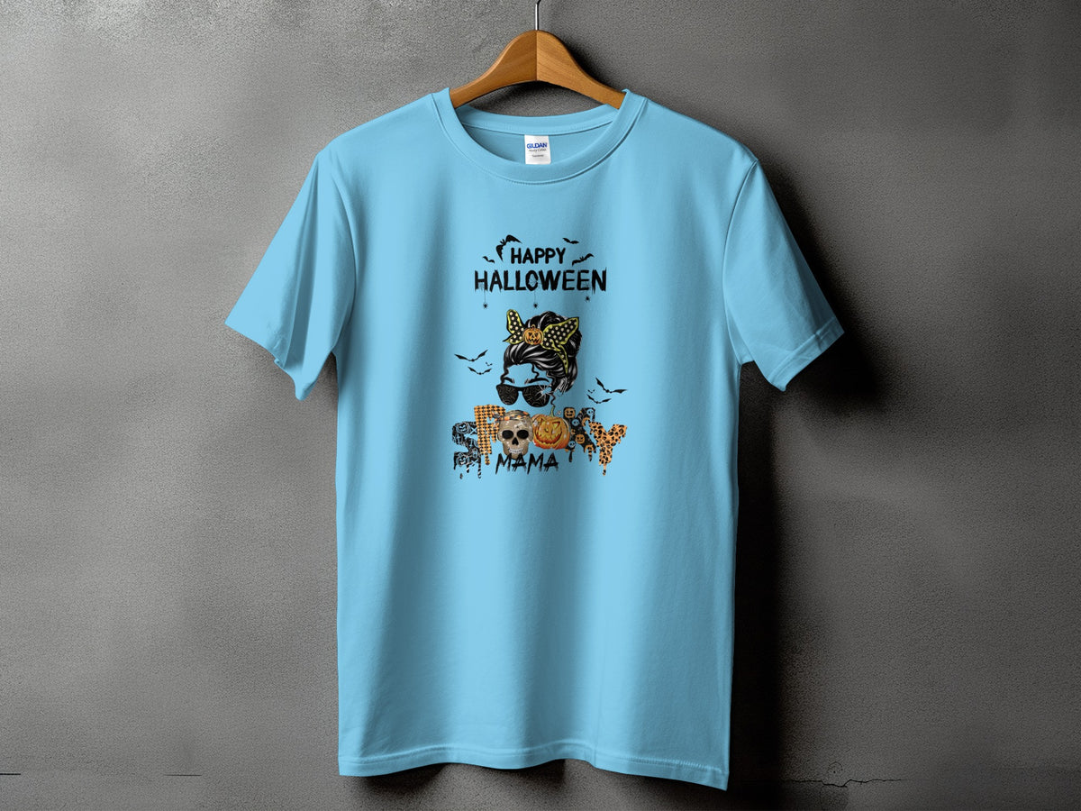 Light blue t-shirt with "Happy Halloween Spooky Mama" text and Halloween graphics.