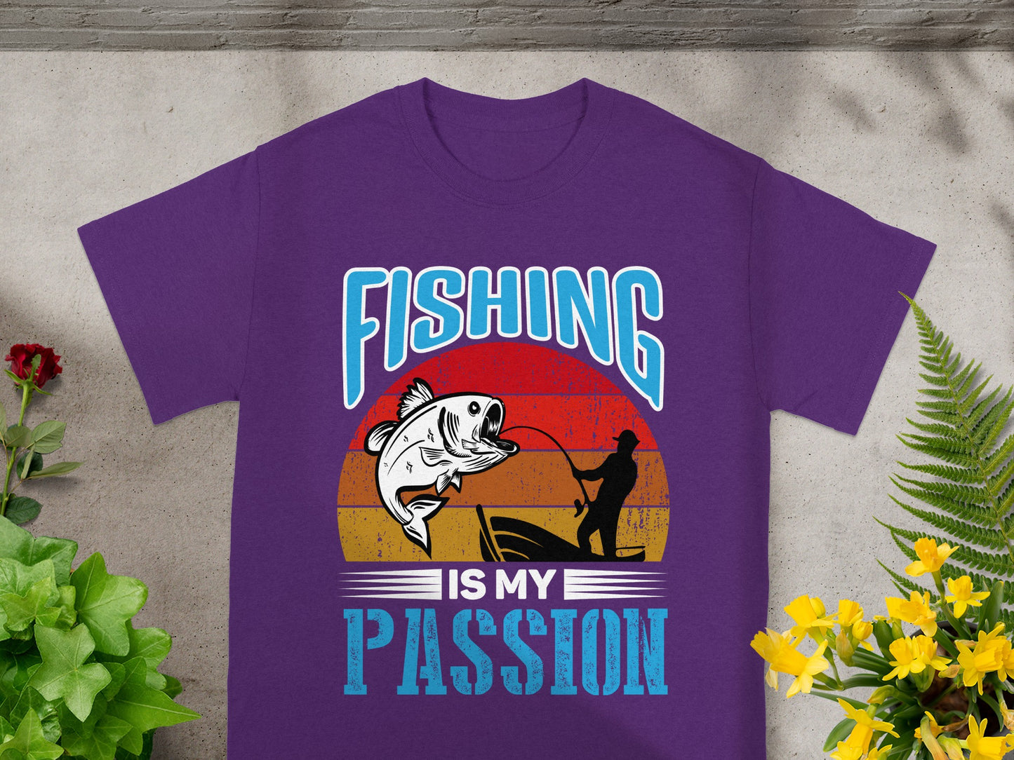 Purple t-shirt with "FISHING IS MY PASSION" text and fishing graphic.