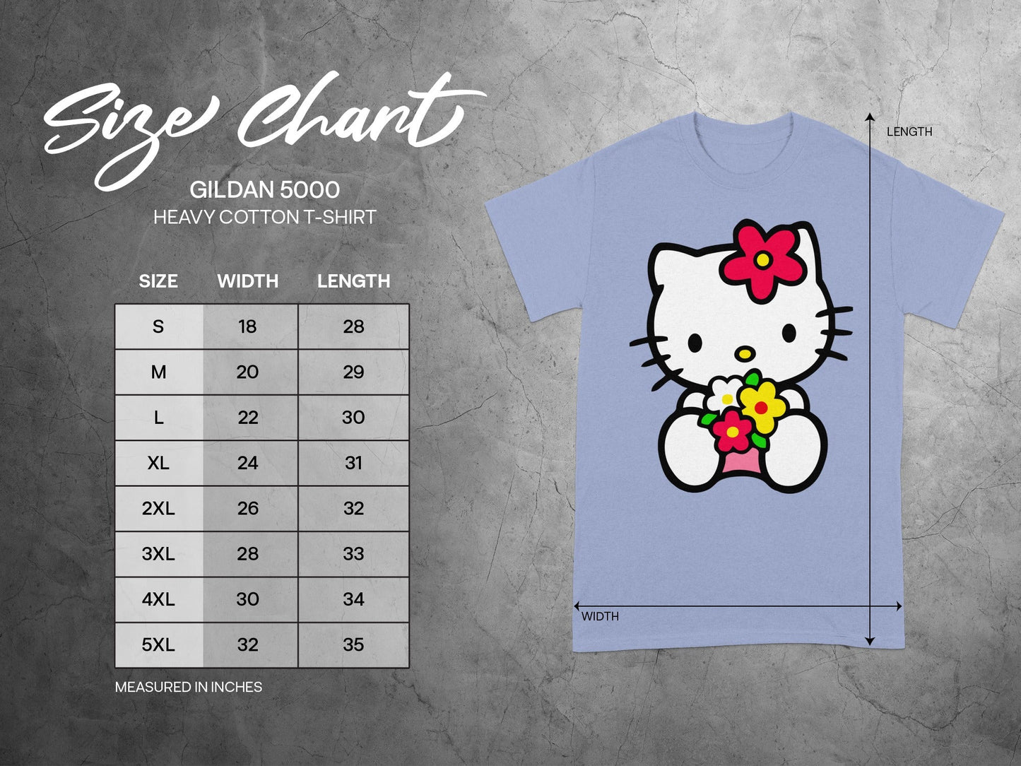 GILDAN 5000 Hello Kitty Size Chart Measured in Inches product type