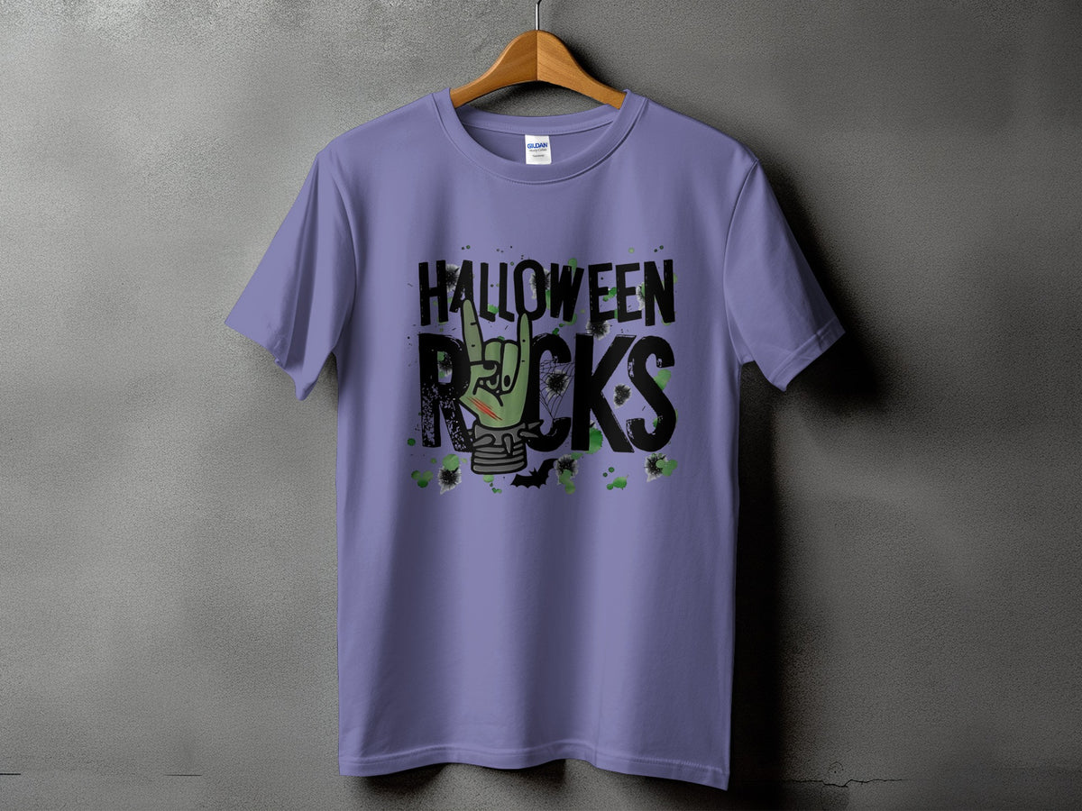 Purple t-shirt with "HALLOWEEN ROCKS" text and a green zombie hand.
