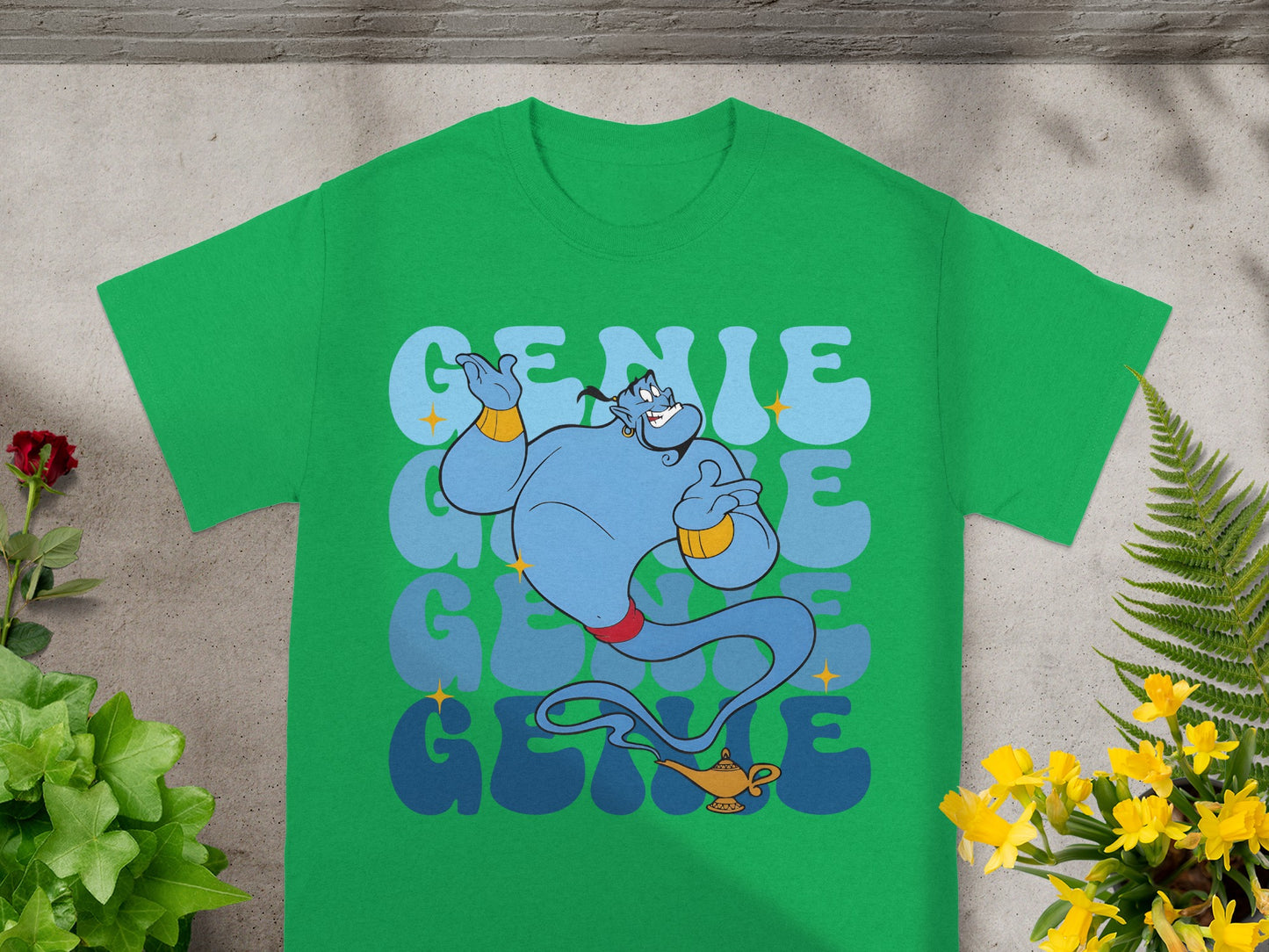 Green t-shirt with blue genie and "Genie" text.