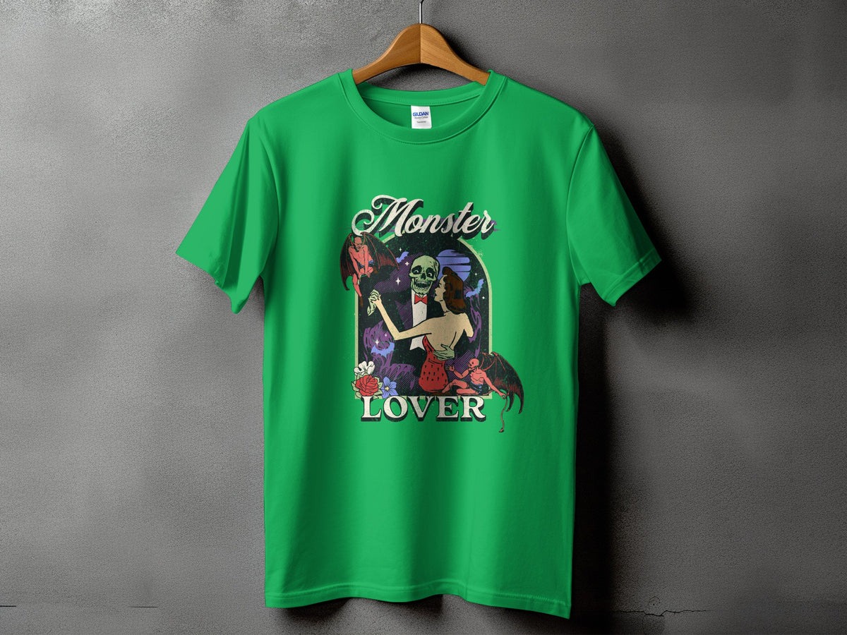 Green t-shirt with "Monster Lover" text and a gothic illustration.