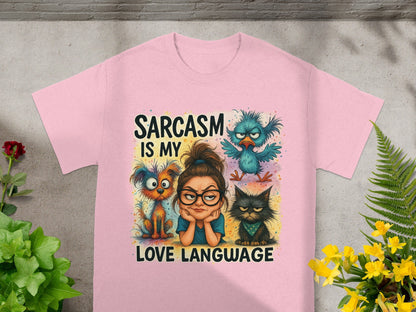 Pink t-shirt with "Sarcasm Is My Love Language" and cartoon animals.
