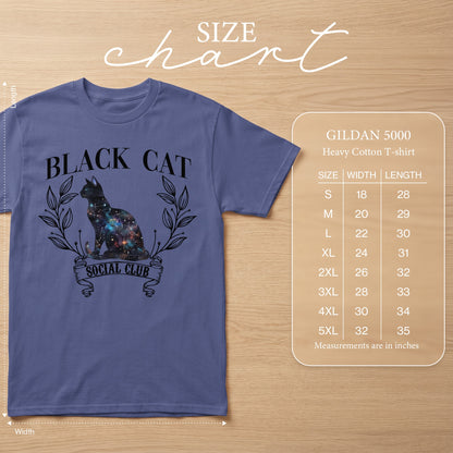 Gildan 5000 t-shirt with galaxy cat graphic and size chart.