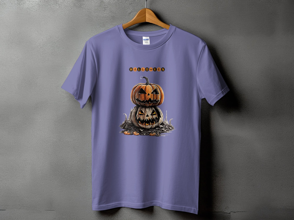 Purple t-shirt with stacked Jack-o'-lanterns and the word "HALLOWEEN".