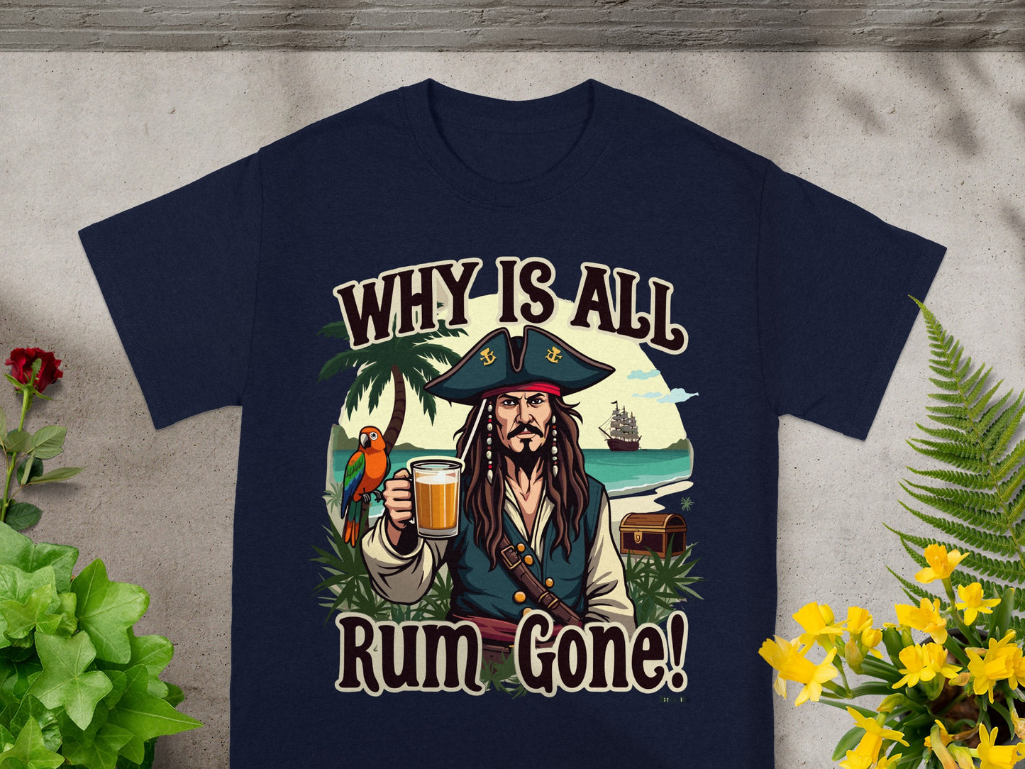Pirate with parrot and rum holds glass; text "Why is all rum gone".