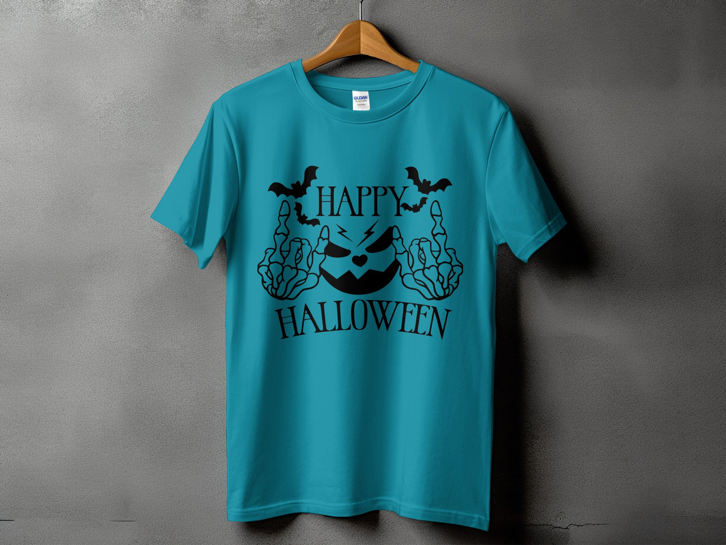 Teal t-shirt with black "Happy Halloween" text, bats, and skeleton hands.