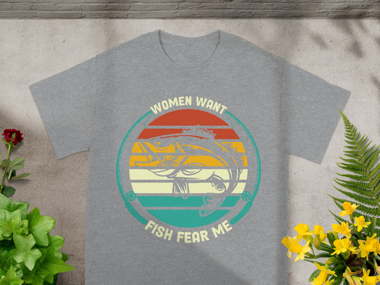Grey t-shirt with "Women Want Fish Fear Me" and fish graphic.