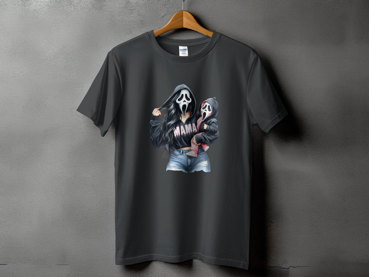 Dark gray t-shirt with graphic of two figures in ghost masks, "MAMA" text.