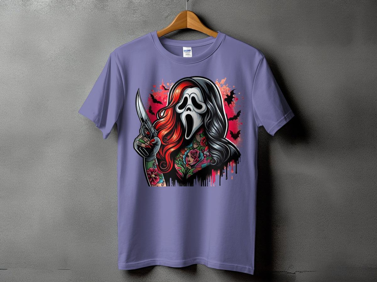 Ghostface mask character with tattoos and a knife on a purple t-shirt.