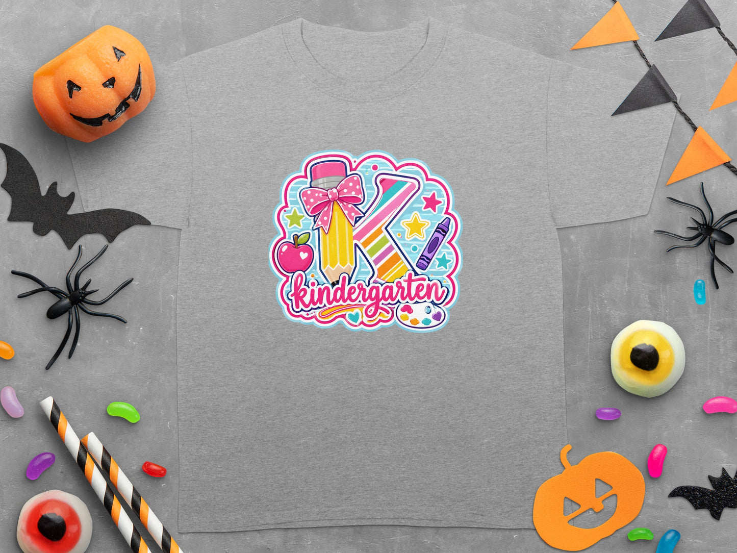 Gray t-shirt with "Kindergarten" text and school supplies graphic.