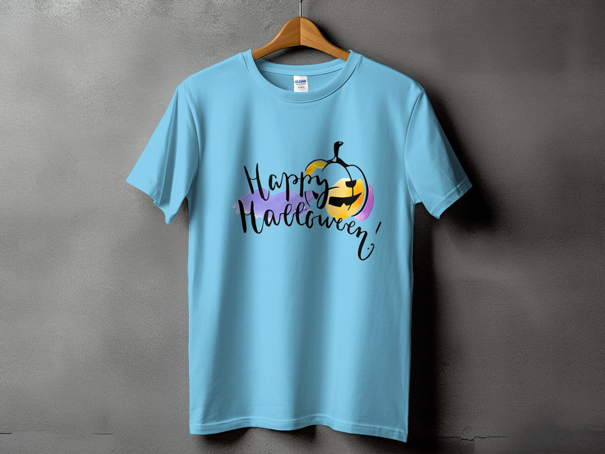 Light blue t-shirt with "Happy Halloween" text and a jack-o'-lantern graphic.