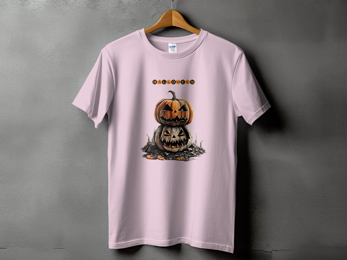 Pink t-shirt with stacked jack-o'-lanterns and "Halloween" text graphic.