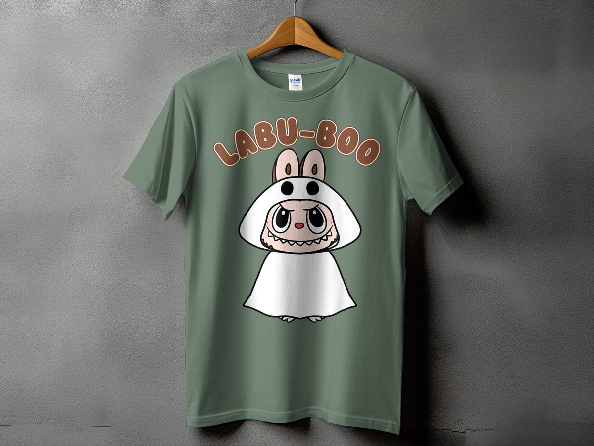 Green t-shirt with "LABU-BOO" text and a cute character in a white ghost costume.