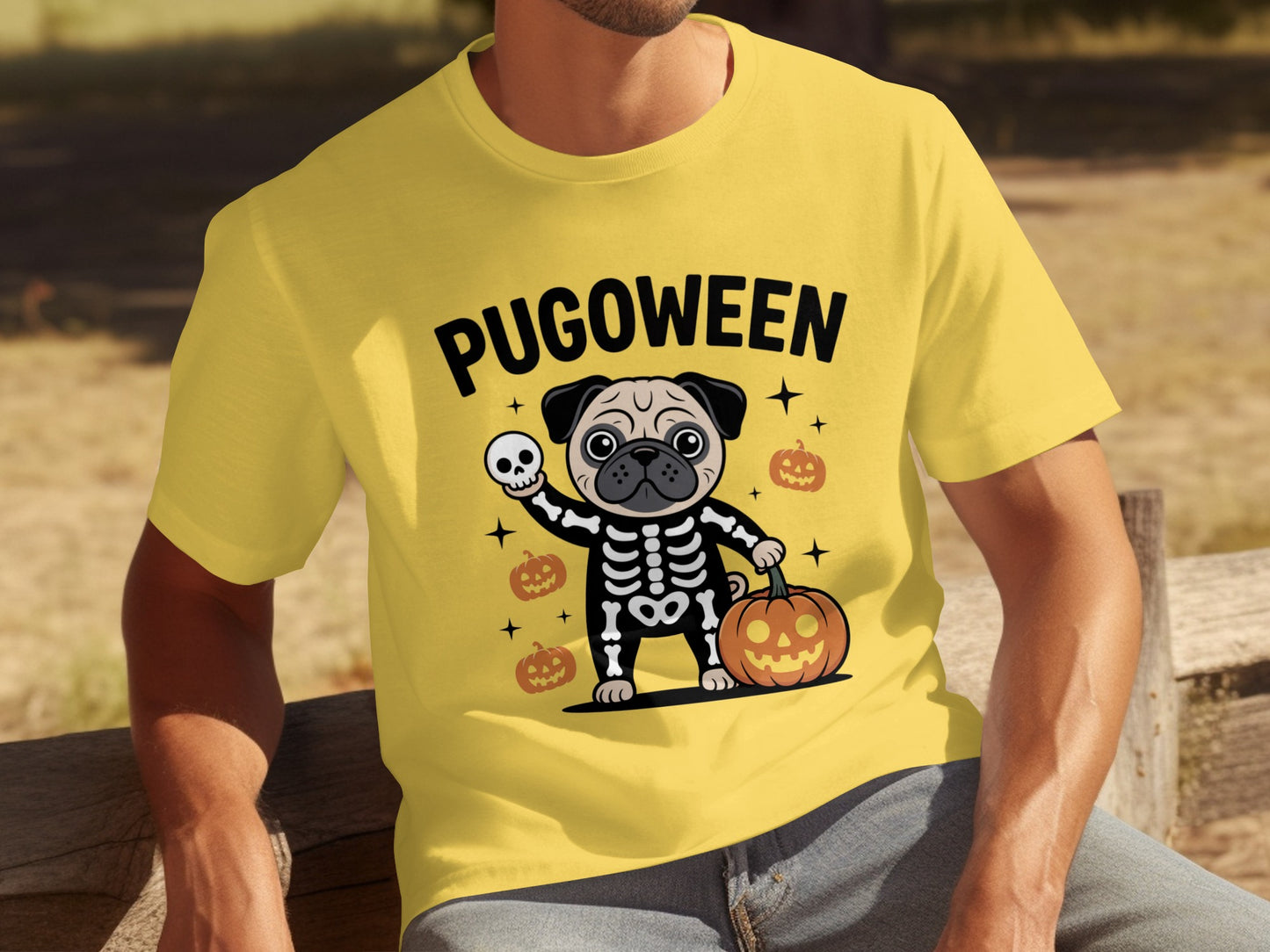 Pugoween Skeleton Pug with Pumpkins Halloween T-shirt