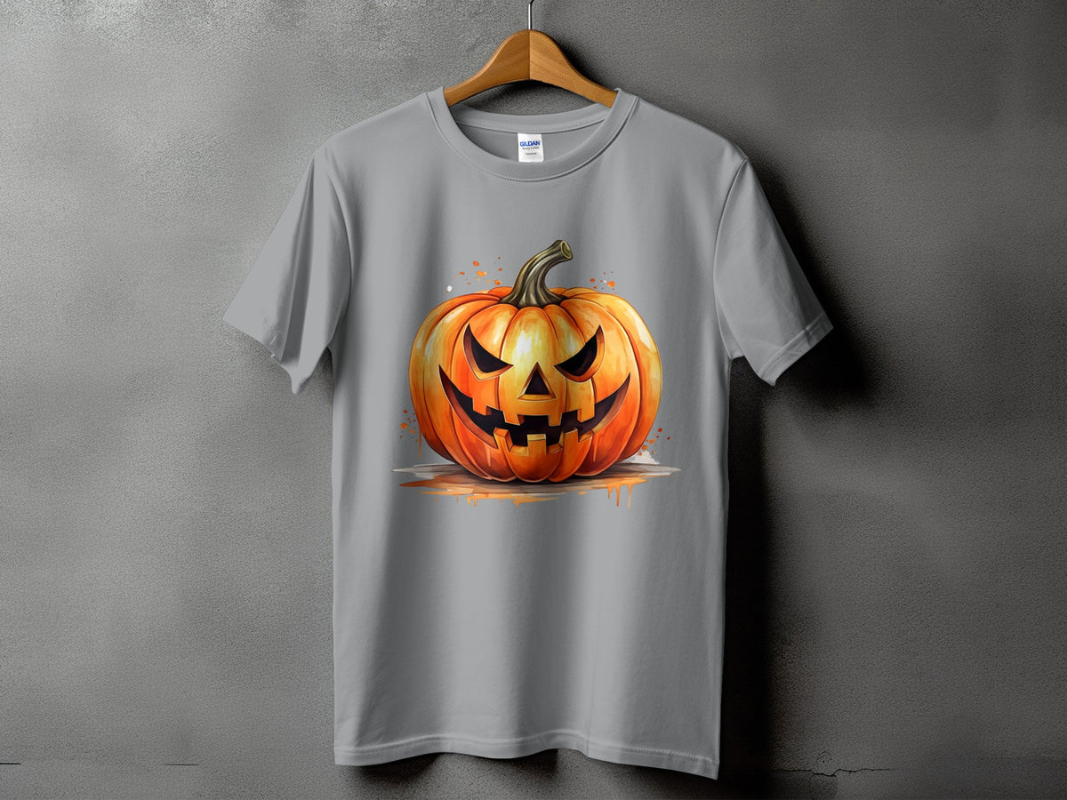 Gray t-shirt with a watercolor illustration of a carved Halloween jack-o'-lantern.