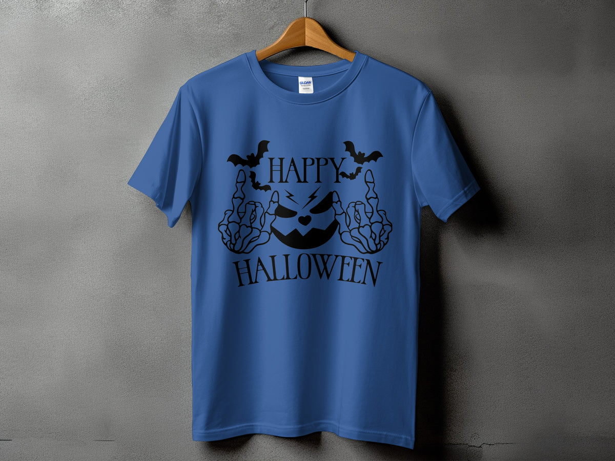 Blue t-shirt with "HAPPY HALLOWEEN" text and a jack-o'-lantern graphic.