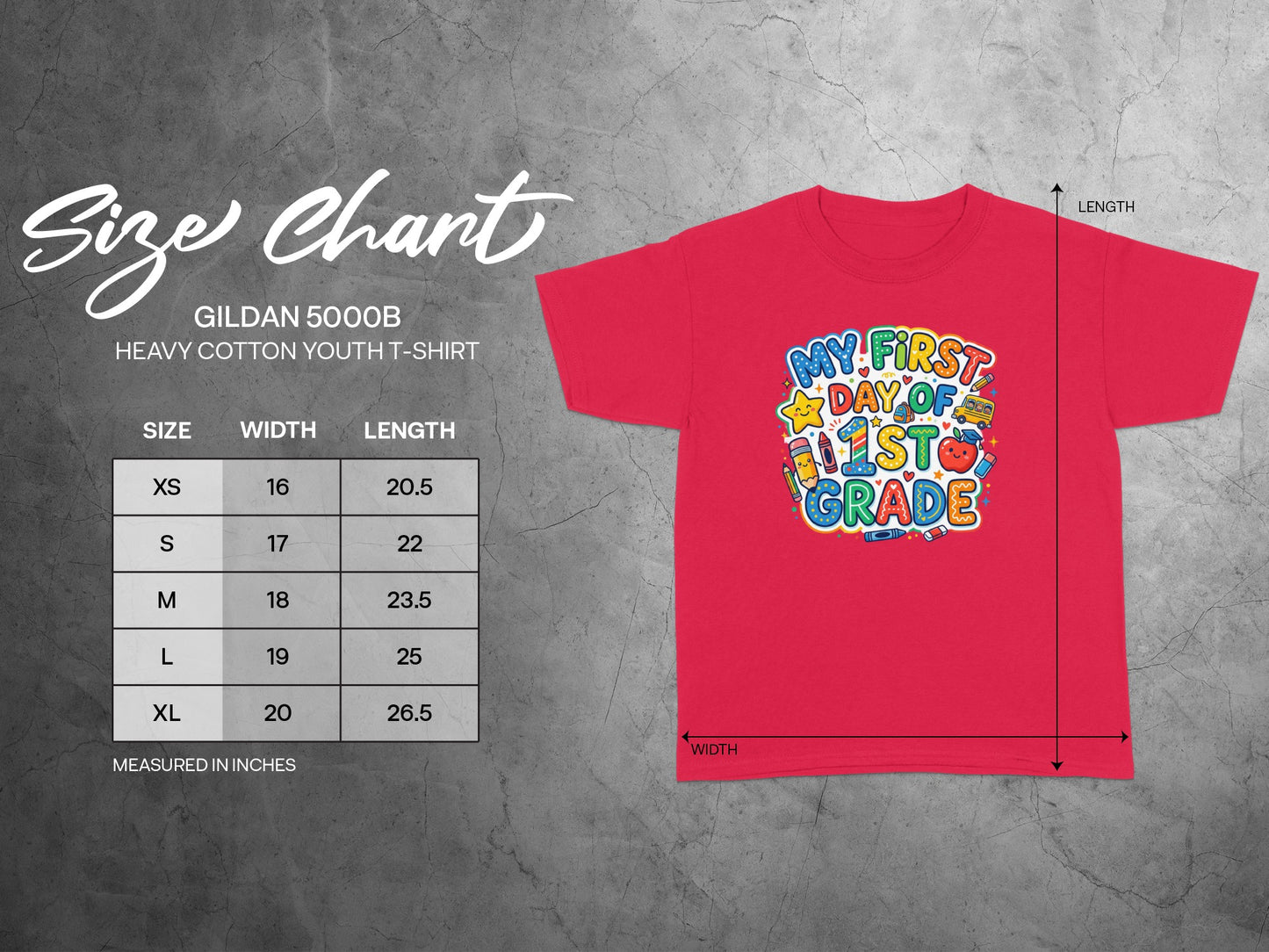 Red t-shirt with "My First Day of 1st Grade" graphic and size chart.