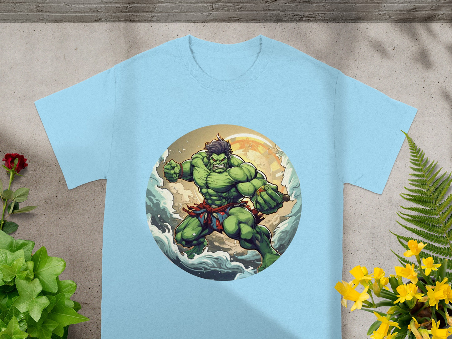 Hulk in action pose, surrounded by swirling water and a yellow sun.