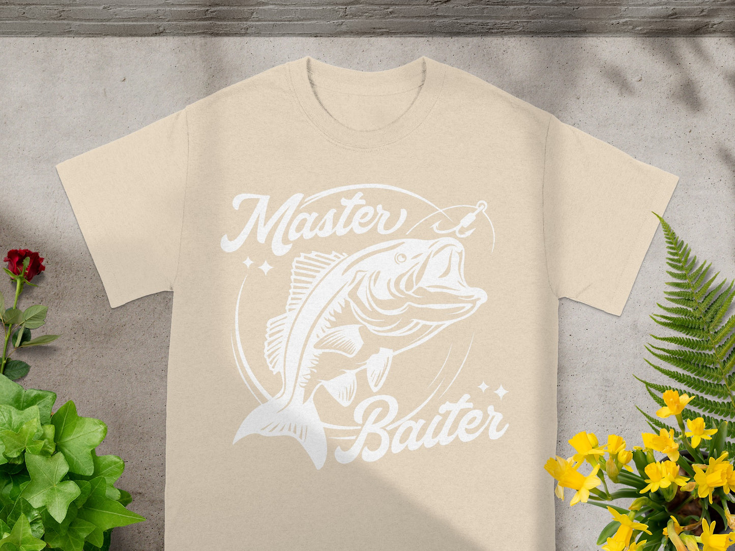 T-shirt with white "Master Baiter" text and bass fish graphic.