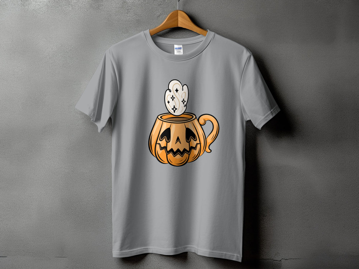 Gray t-shirt with jack-o'-lantern mug graphic and swirling steam.