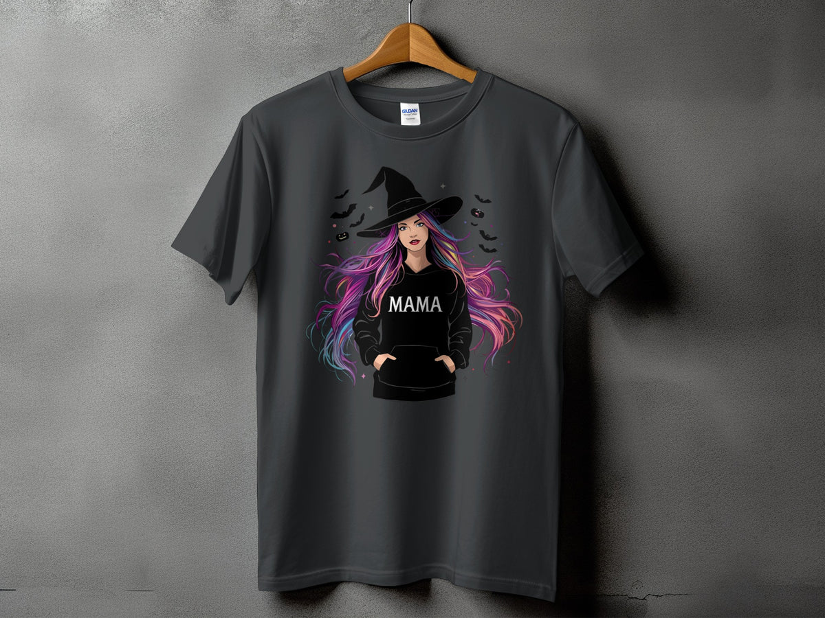 Dark gray t-shirt featuring a witch with colorful hair and the word "MAMA".