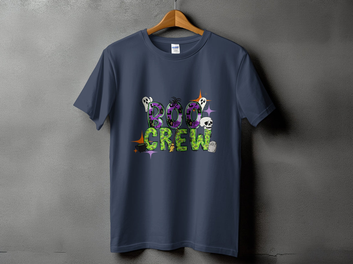 Navy t-shirt with "Boo Crew" Halloween graphic featuring ghosts, skulls, and pumpkins.