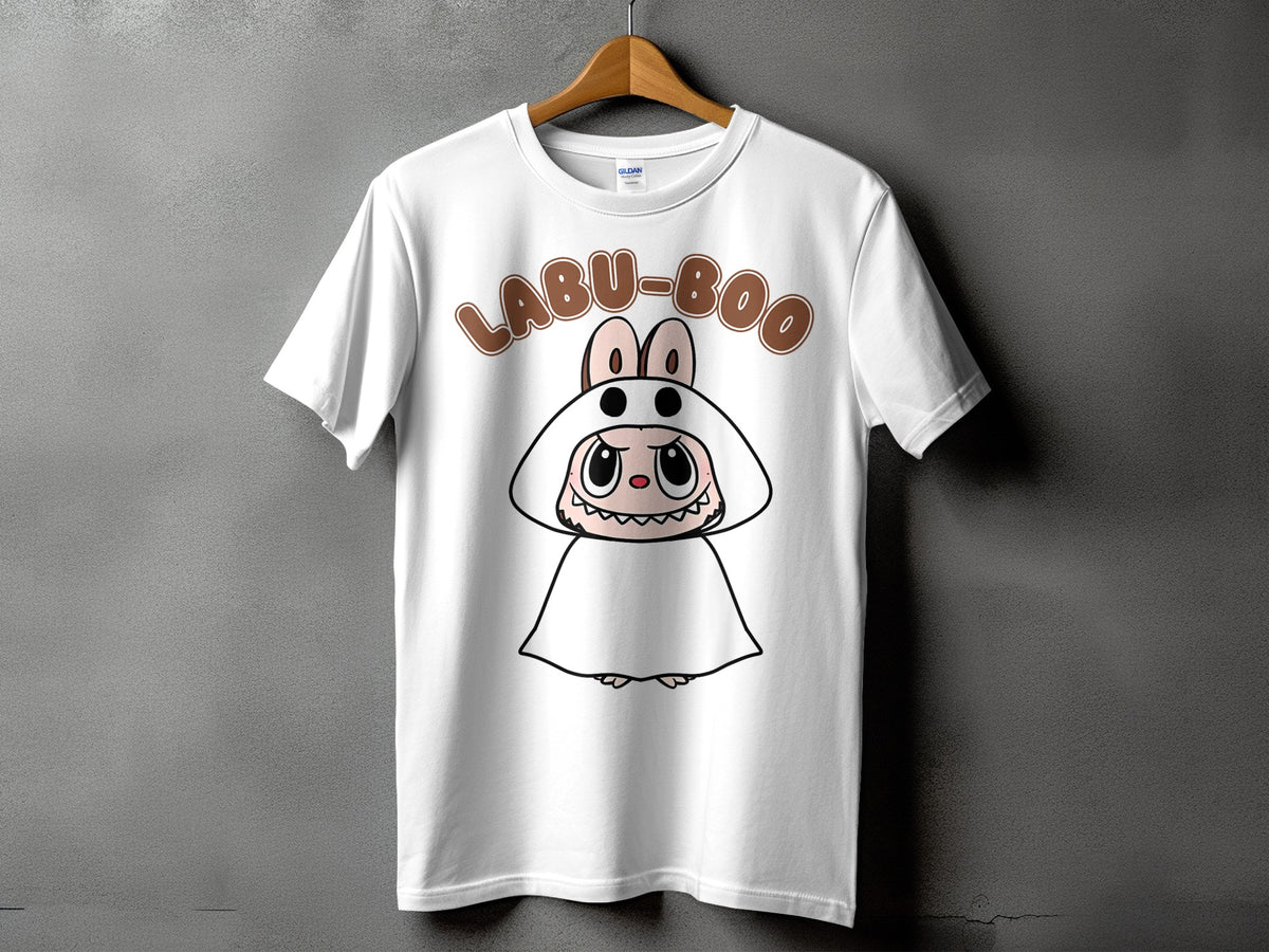 White t-shirt with "LABU-BOO" text and cartoon character in a ghost costume.