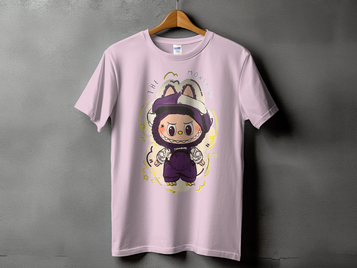 Pink t-shirt with a cartoon monster graphic and text "THE MONSTERS".