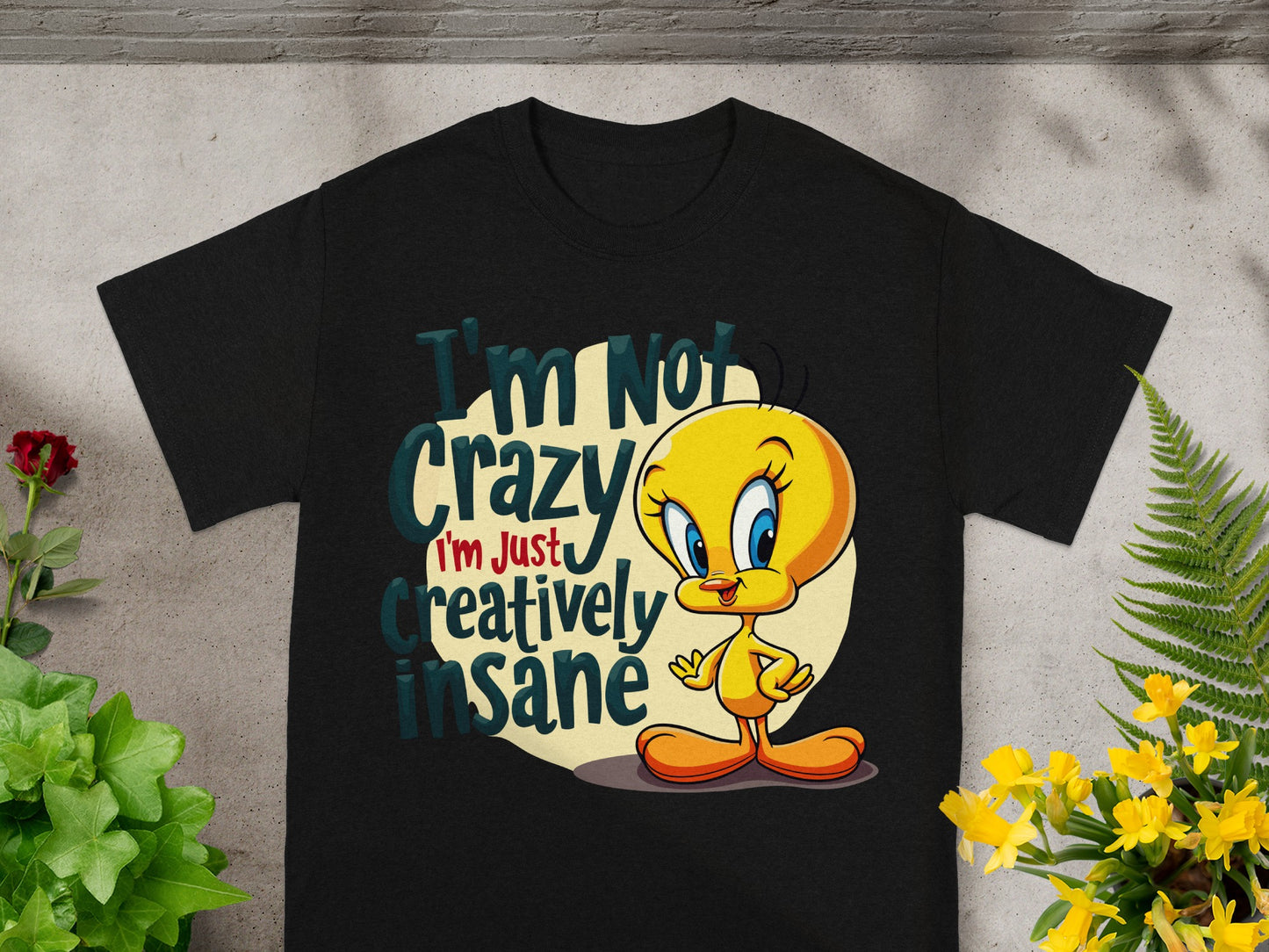 Black t-shirt with Tweety Bird and "I'm Not Crazy I'm Just Creatively Insane".