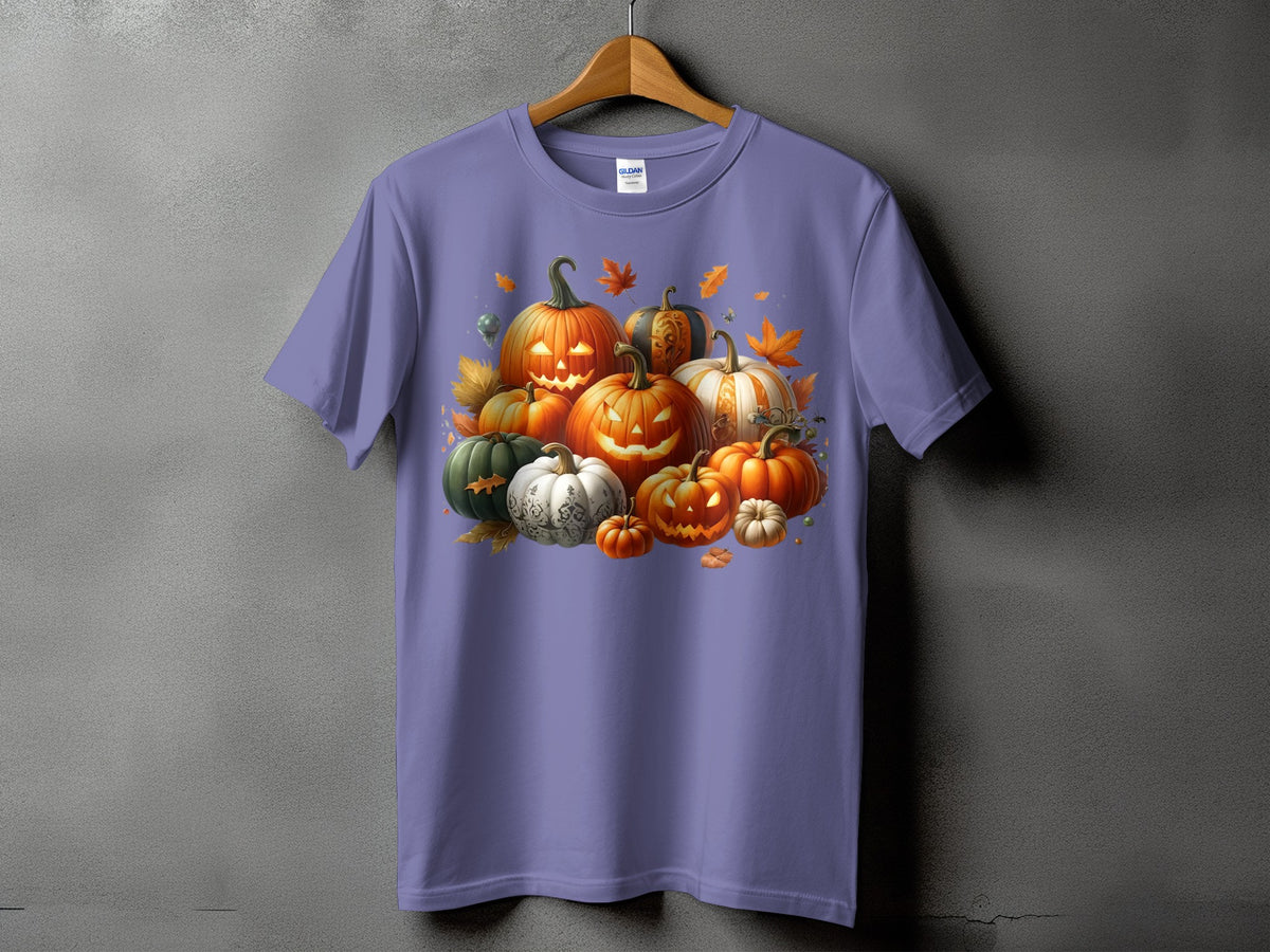 Purple t-shirt with a cluster of carved and decorative pumpkins and autumn leaves.