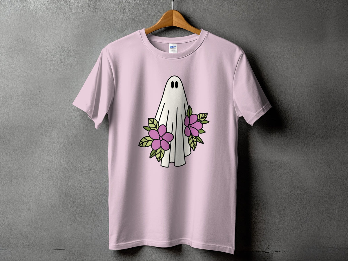 Pink t-shirt with a white ghost and purple flowers graphic.
