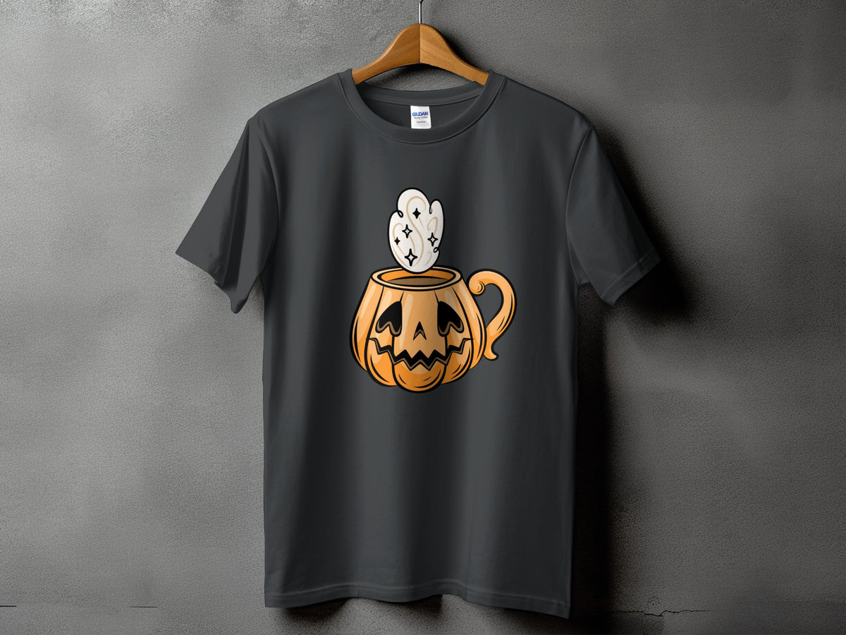Dark grey t-shirt with jack-o-lantern mug and steam graphic.