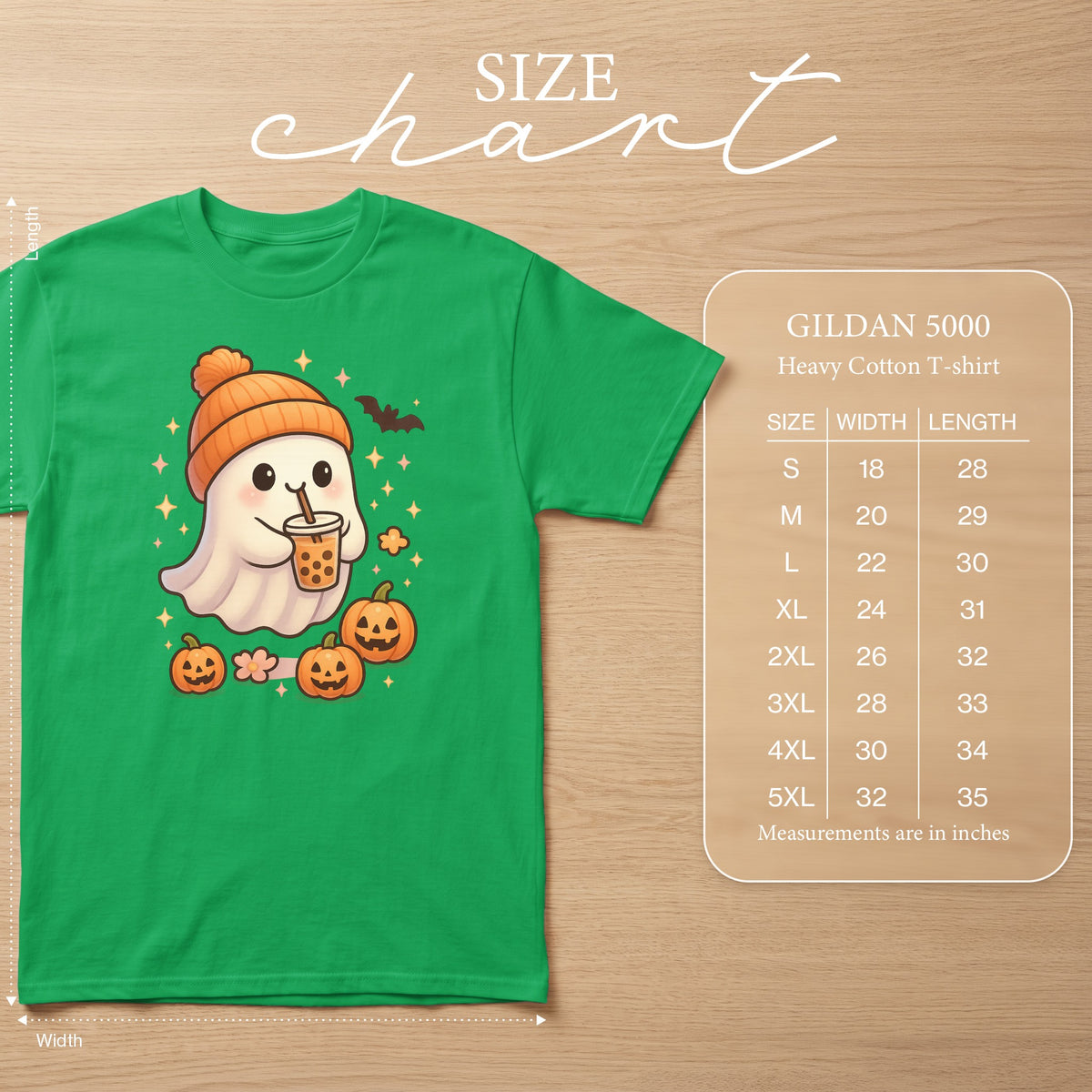Green t-shirt with a cute ghost, pumpkins, and boba tea graphic. Includes size chart.