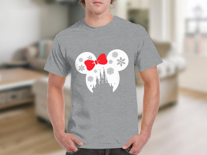 Mickey Ears Snowflakes Red Bow Castle Graphic T-shirt