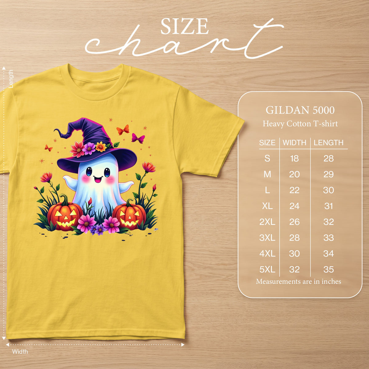 Yellow Gildan 5000 t-shirt with cute ghost and pumpkins graphic.