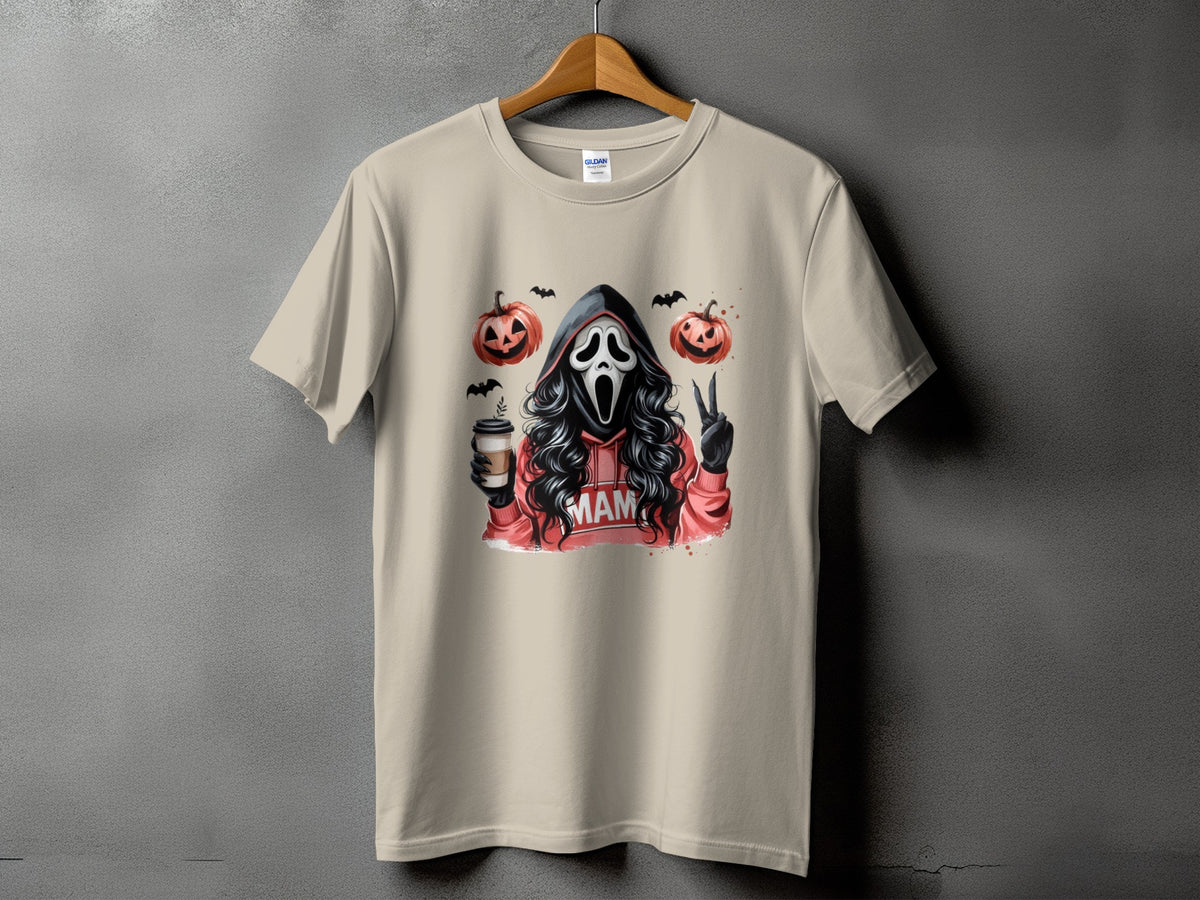 Ghostface with coffee and peace sign, two pumpkins, and bats.
