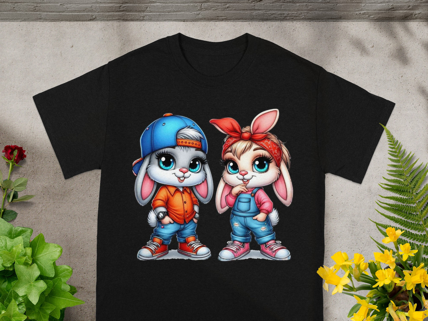 Two cartoon bunnies in outfits, one with a hat and overalls, the other with a bandana and overalls.
