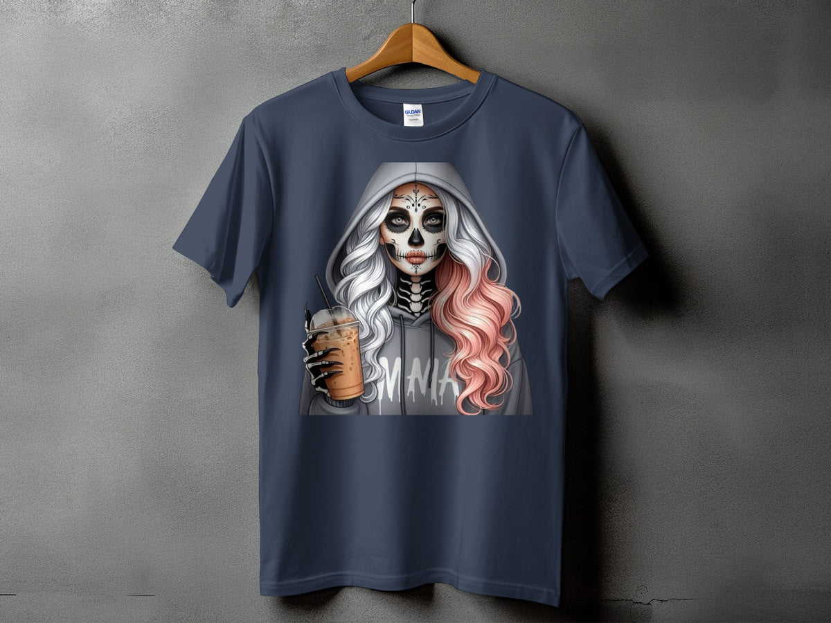 Skull makeup woman in hoodie holding iced coffee, with "MMA" text.